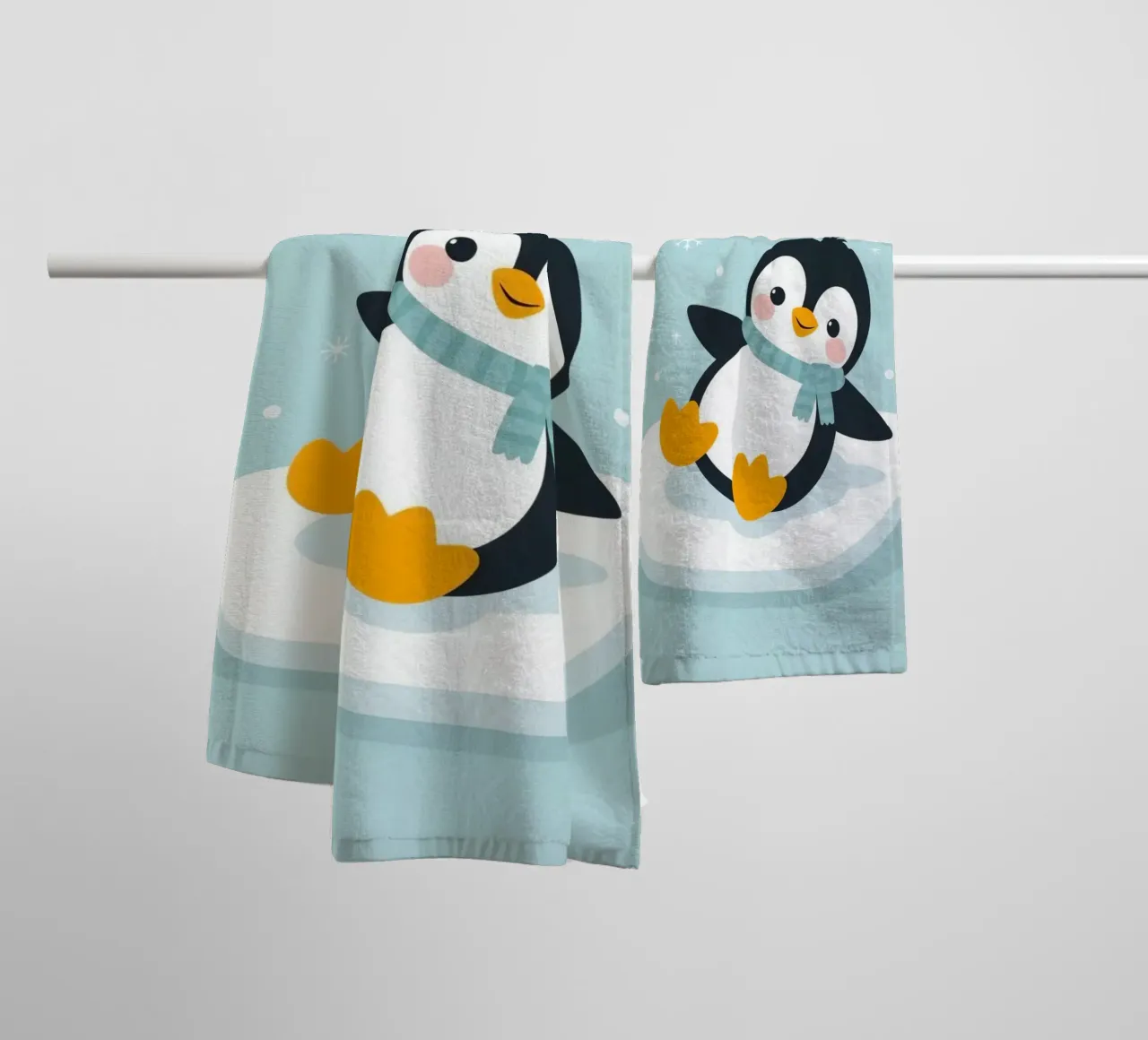 Un mignon pingouin avec une écharpe bleu clair se repose sur une glace blanche. serviette de bain de DesignDoodle