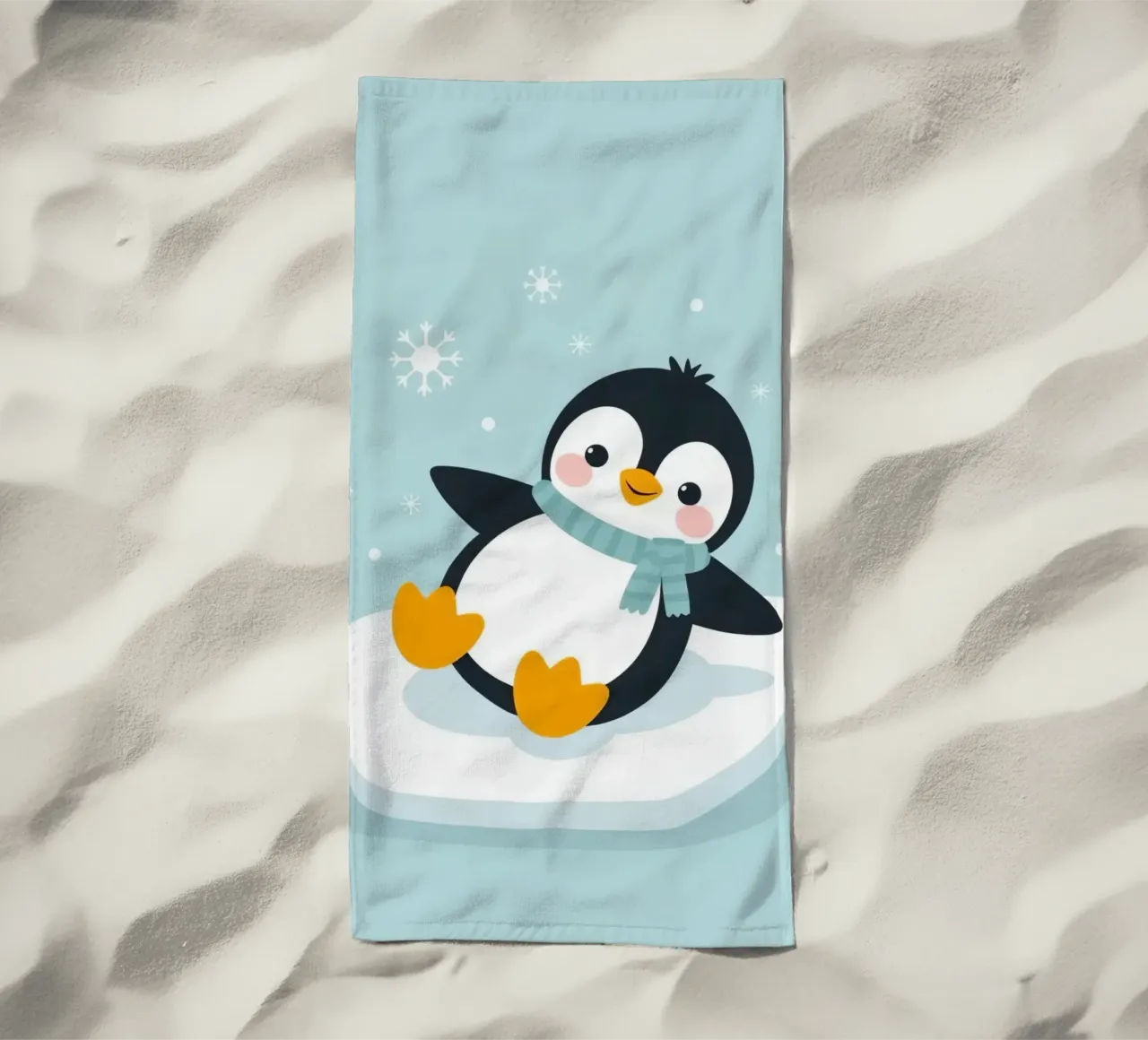 Un simpatico pinguino con sciarpa azzurra riposa su un ghiaccio bianco telo mare da DesignDoodle