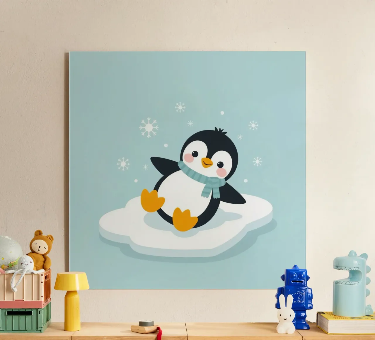 Un mignon pingouin avec une écharpe bleu clair se repose sur une glace blanche. plexiglas de DesignDoodle