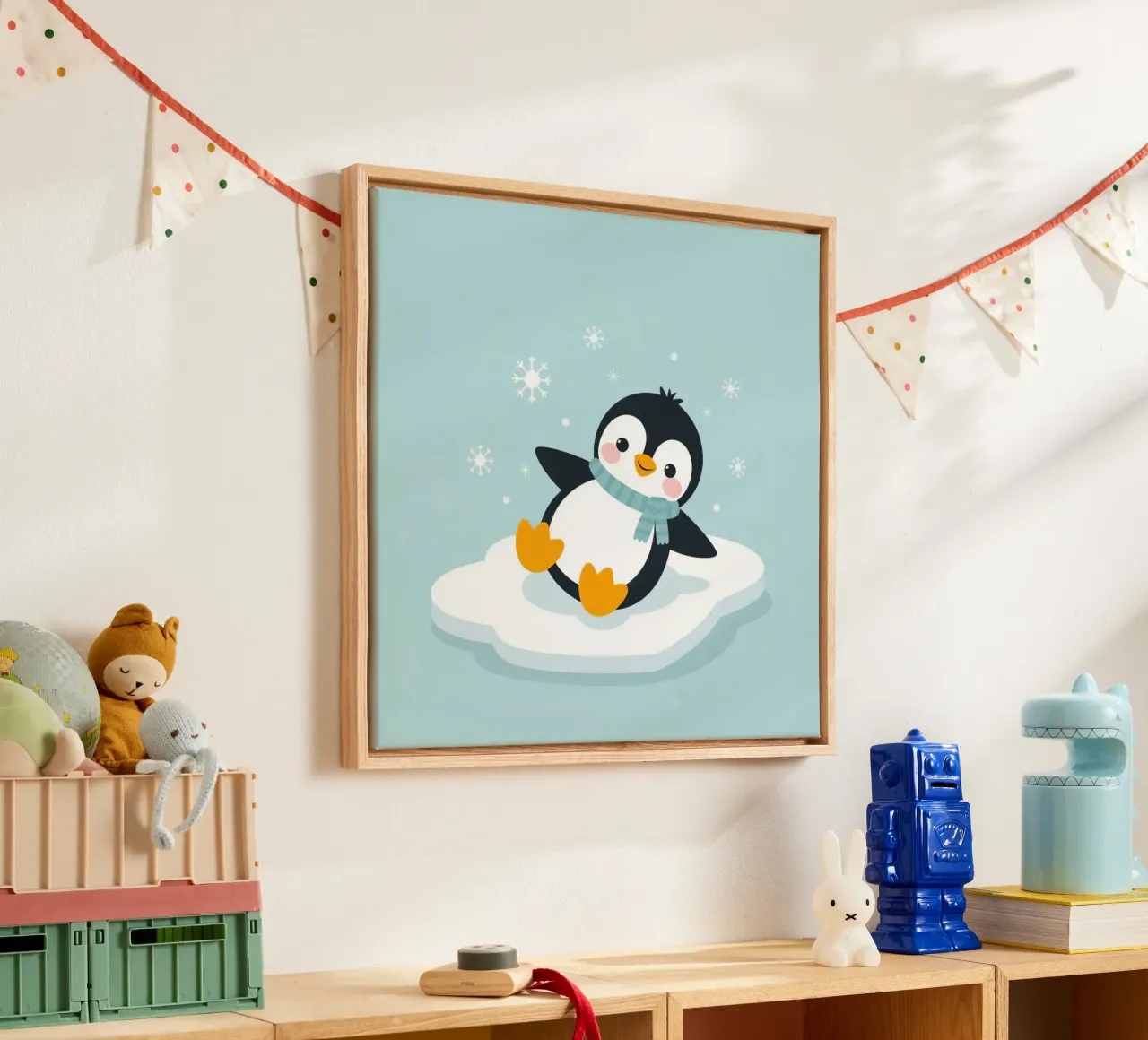 Un simpatico pinguino con sciarpa azzurra riposa su un ghiaccio bianco tela con Cornice a cassetta da DesignDoodle