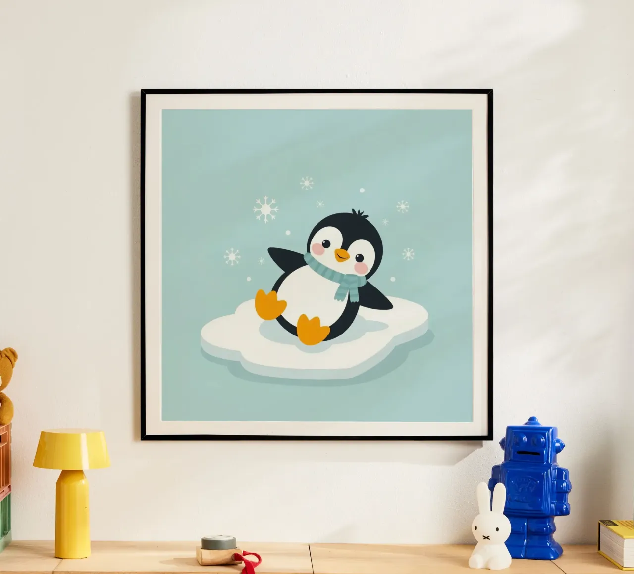 Un simpatico pinguino con sciarpa azzurra riposa su un ghiaccio bianco poster con telaio in legno da DesignDoodle
