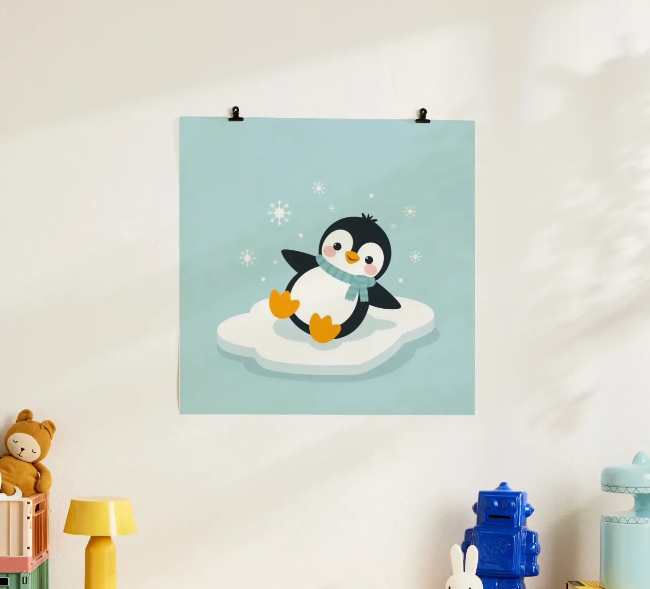 Un simpatico pinguino con sciarpa azzurra riposa su un ghiaccio bianco poster con telaio in legno da DesignDoodle