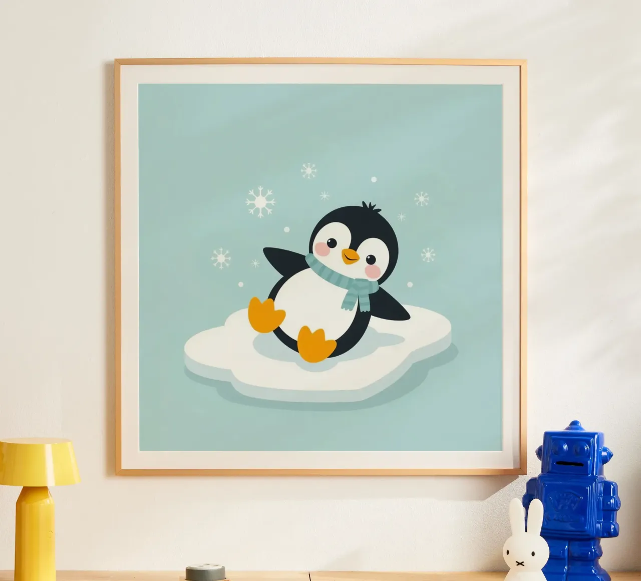 Un simpatico pinguino con sciarpa azzurra riposa su un ghiaccio bianco poster con telaio in legno da DesignDoodle