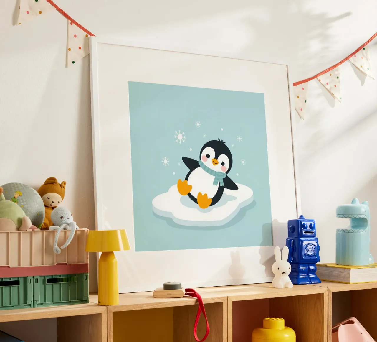 Un simpatico pinguino con sciarpa azzurra riposa su un ghiaccio bianco poster con telaio in legno da DesignDoodle