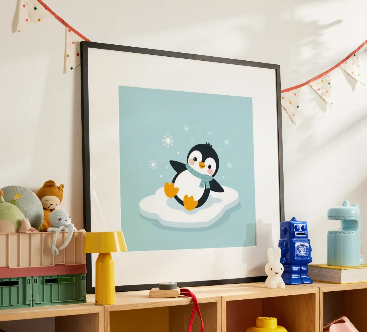 Un mignon pingouin avec une écharpe bleu clair se repose sur une glace blanche. hahnemühle de DesignDoodle