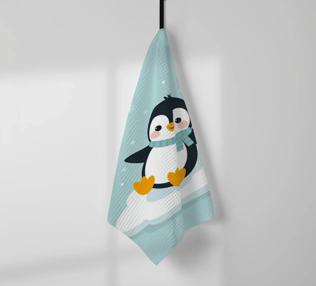 Un mignon pingouin avec une écharpe bleu clair se repose sur une glace blanche. torchon de DesignDoodle