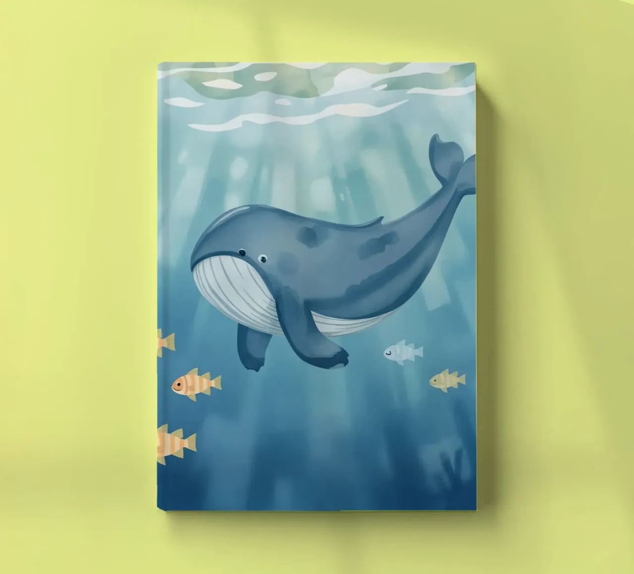 Whale swimming in the ocean with sunlight shining notebook by DesignDoodle