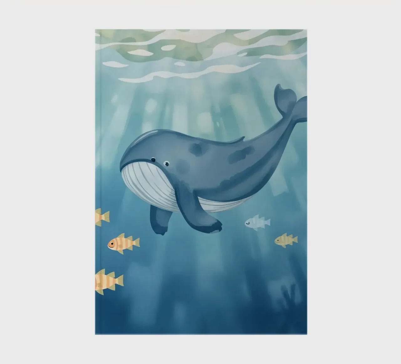 Whale swimming in the ocean with sunlight shining notebook by DesignDoodle