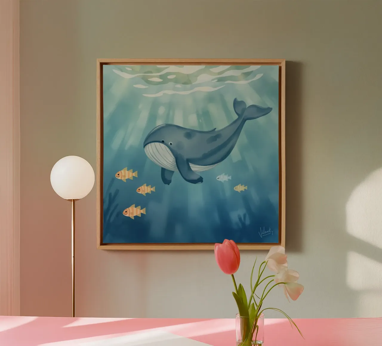 Walvis zwemmend in de oceaan met schijnend zonlicht canvas met Baklijst van DesignDoodle