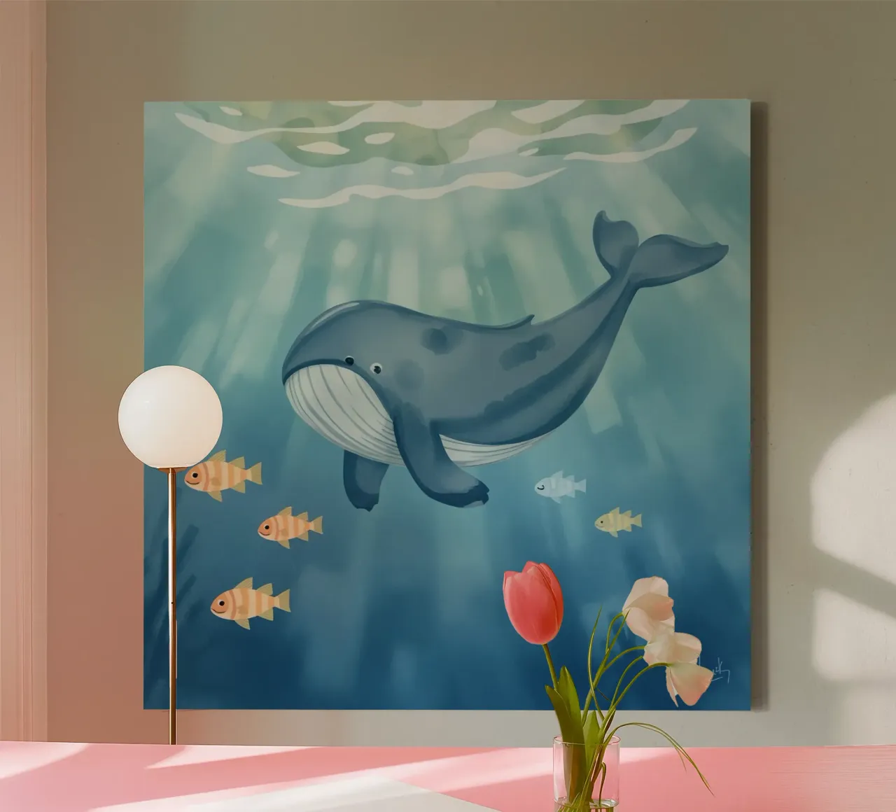 Walvis zwemmend in de oceaan met schijnend zonlicht canvas met Baklijst van DesignDoodle