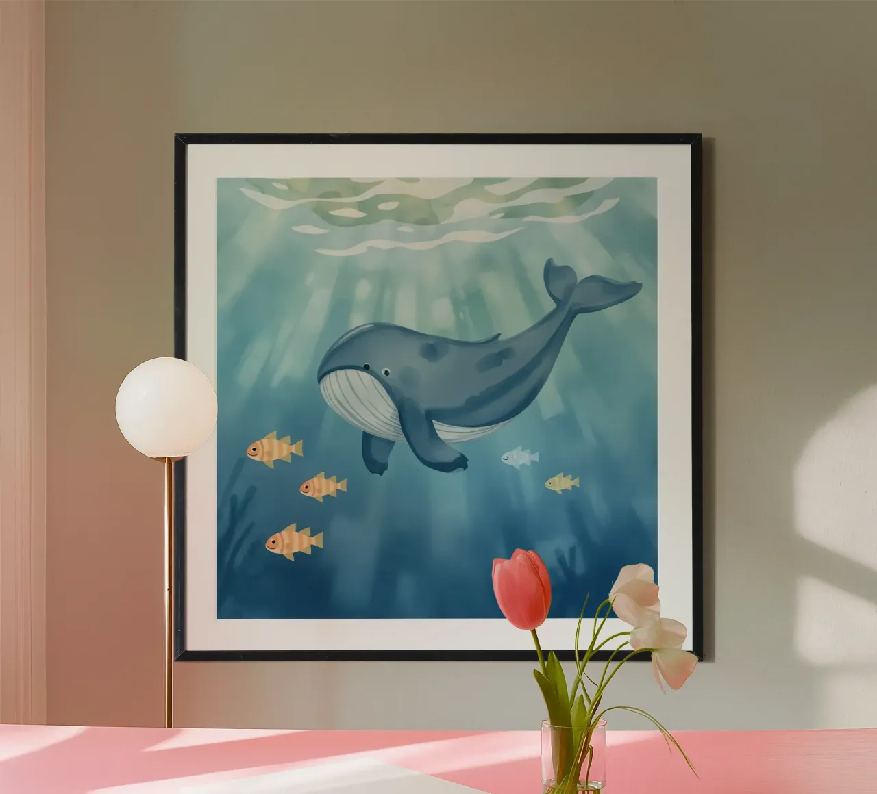Walvis zwemmend in de oceaan met schijnend zonlicht poster van DesignDoodle