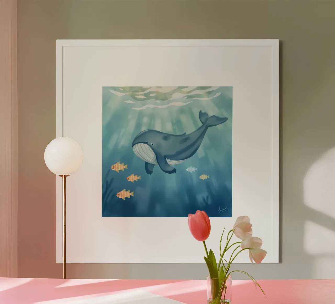 Walvis zwemmend in de oceaan met schijnend zonlicht poster van DesignDoodle