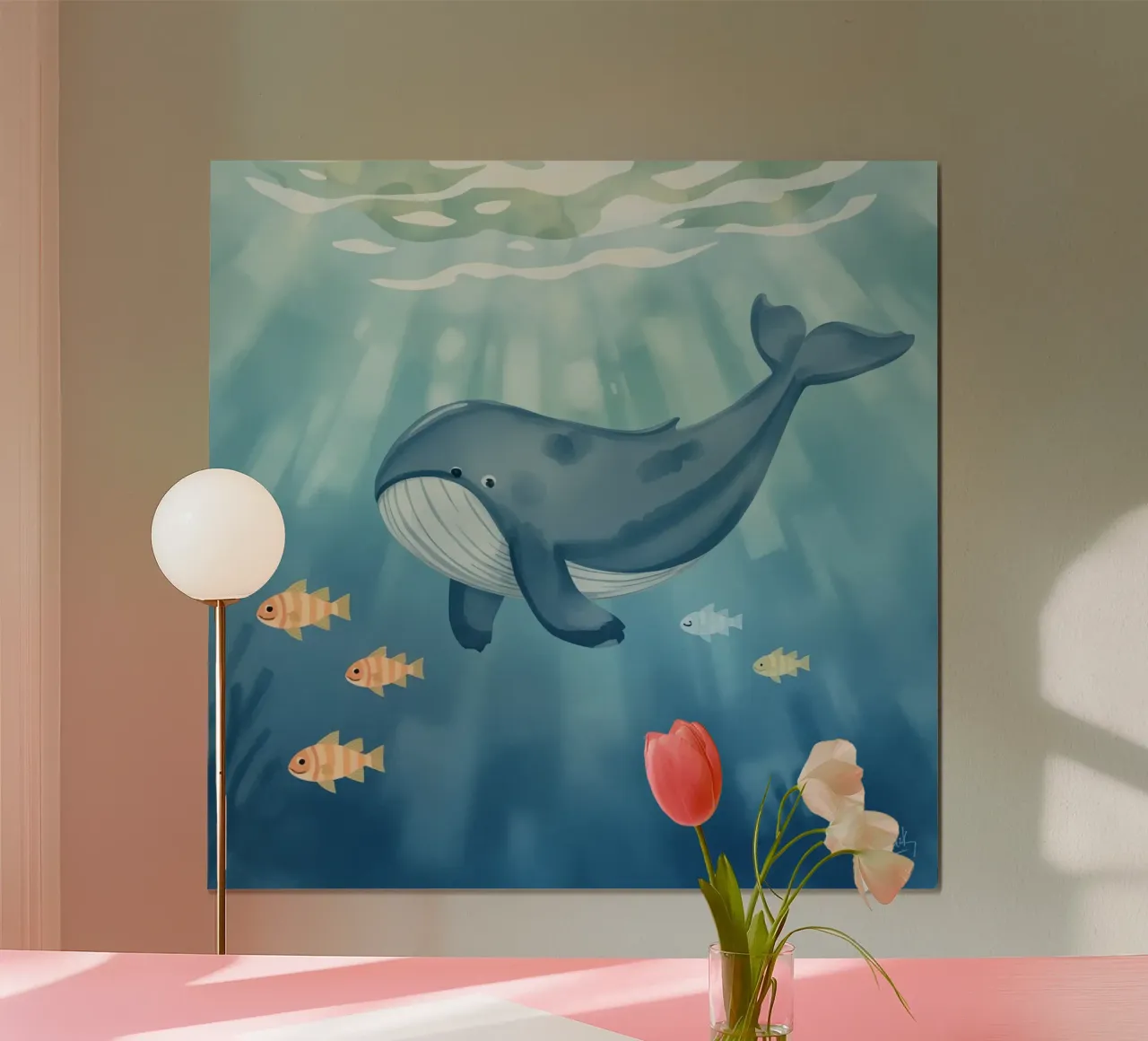 Walvis zwemmend in de oceaan met schijnend zonlicht poster van DesignDoodle