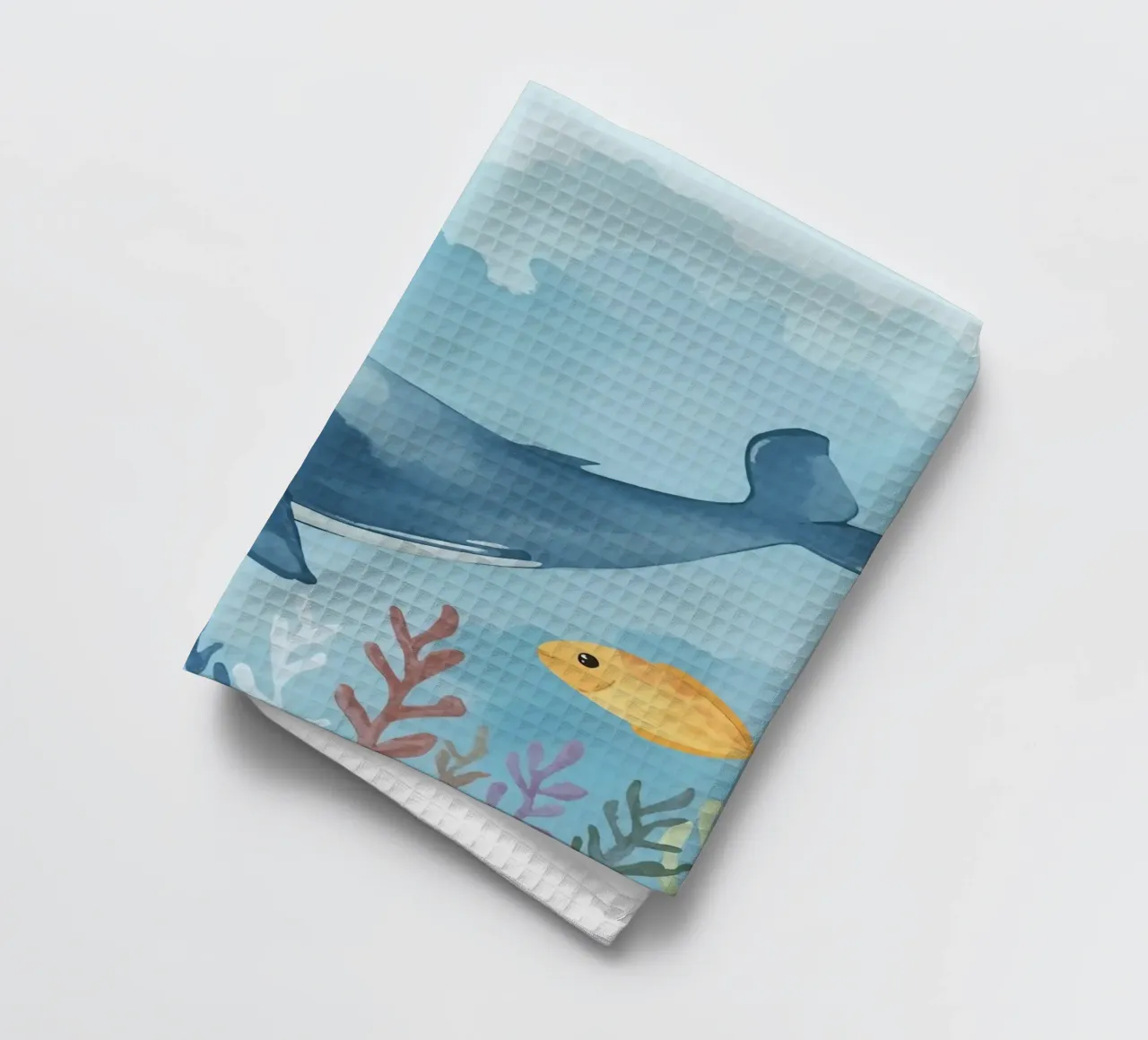 Balena blu che nuota con i pesci nell'oceano circondata dal mare canovaccio da cucina da DesignDoodle