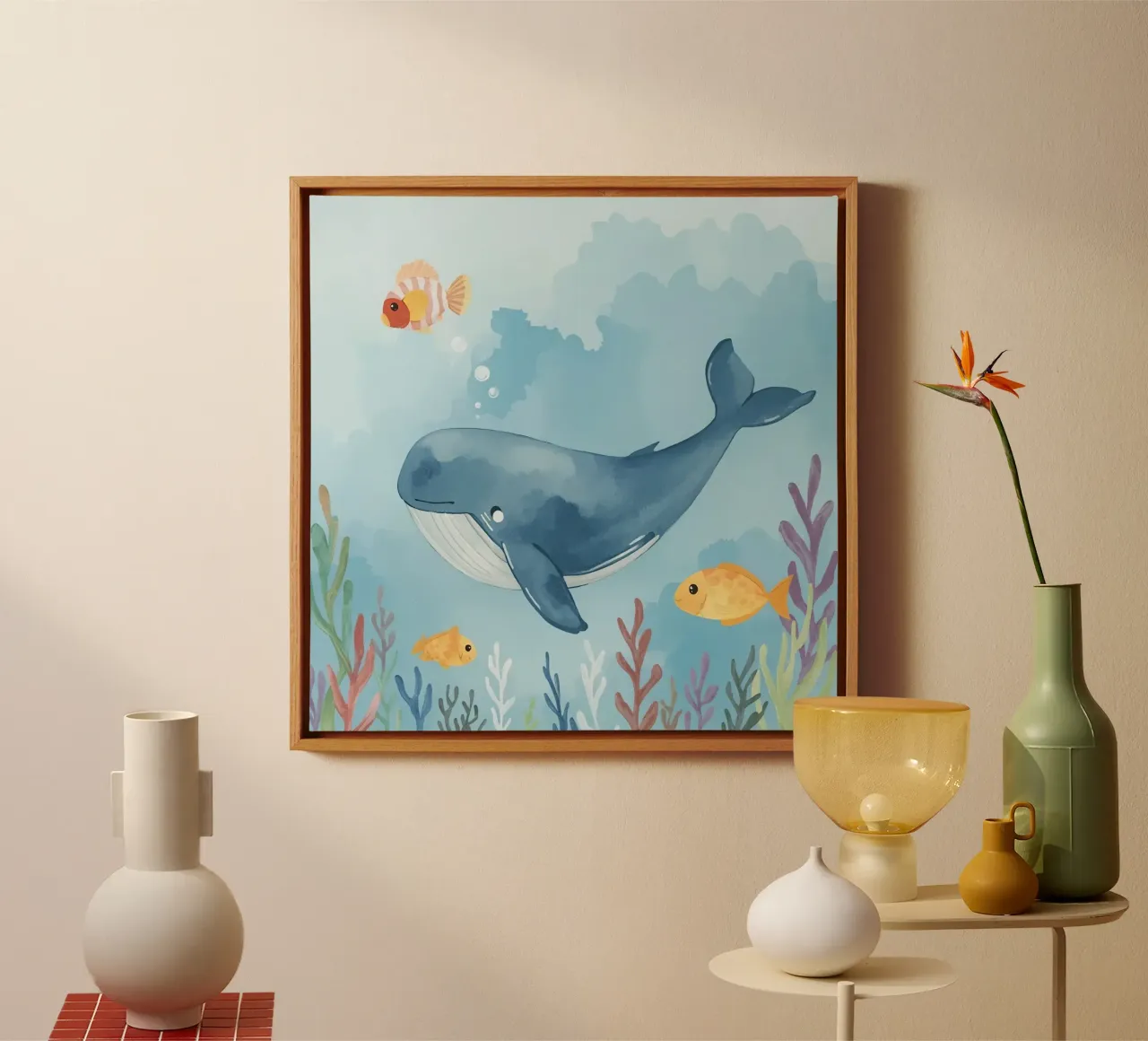 Blauwal schwimmt mit Fischen im Meer, umgeben von Meer Leinwand mit Schattenfugenrahmen von DesignDoodle