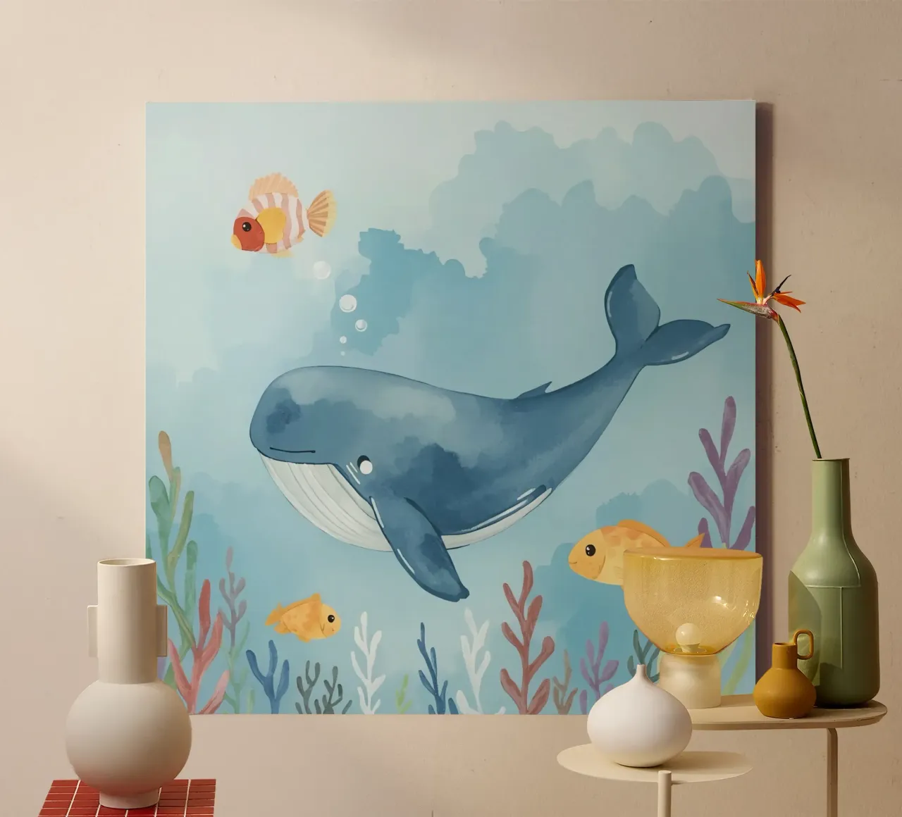 Blauwal schwimmt mit Fischen im Meer, umgeben von Meer Leinwand mit Schattenfugenrahmen von DesignDoodle