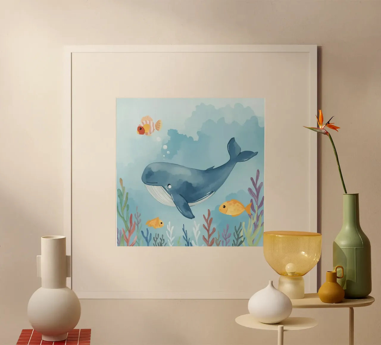 Blauwal schwimmt mit Fischen im Meer, umgeben von Meer Hahnemühle von DesignDoodle