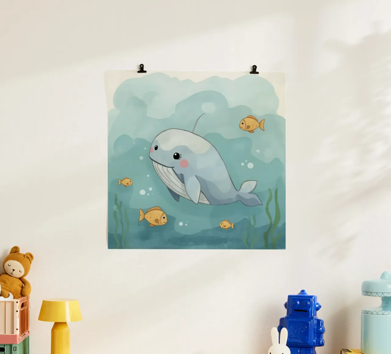 Schattige walvis zwemt met kleine gouden visjes in de oceaan zeewier poster van DesignDoodle