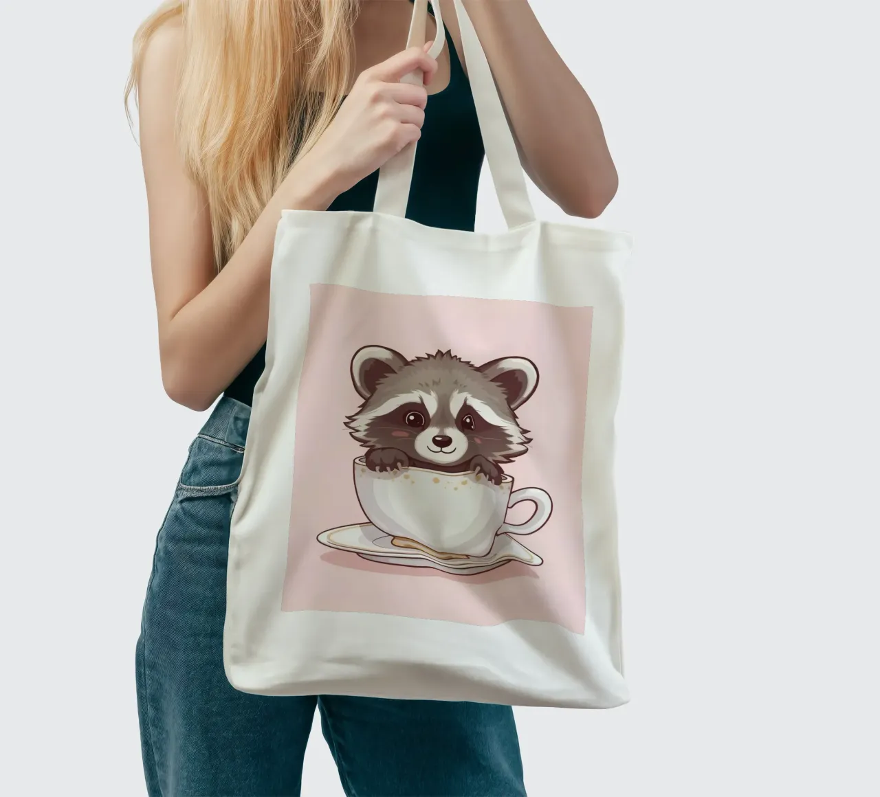 Mignon raton laveur assis dans une tasse à thé blanche avec soucoupe tote bag de DesignDoodle