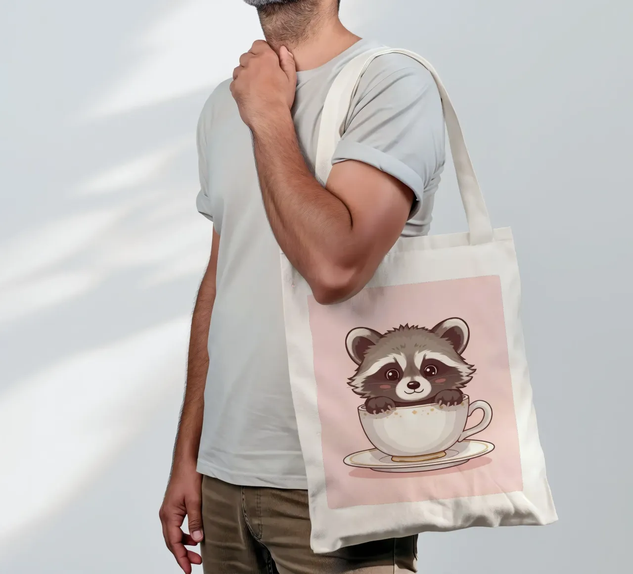 Mignon raton laveur assis dans une tasse à thé blanche avec soucoupe tote bag de DesignDoodle