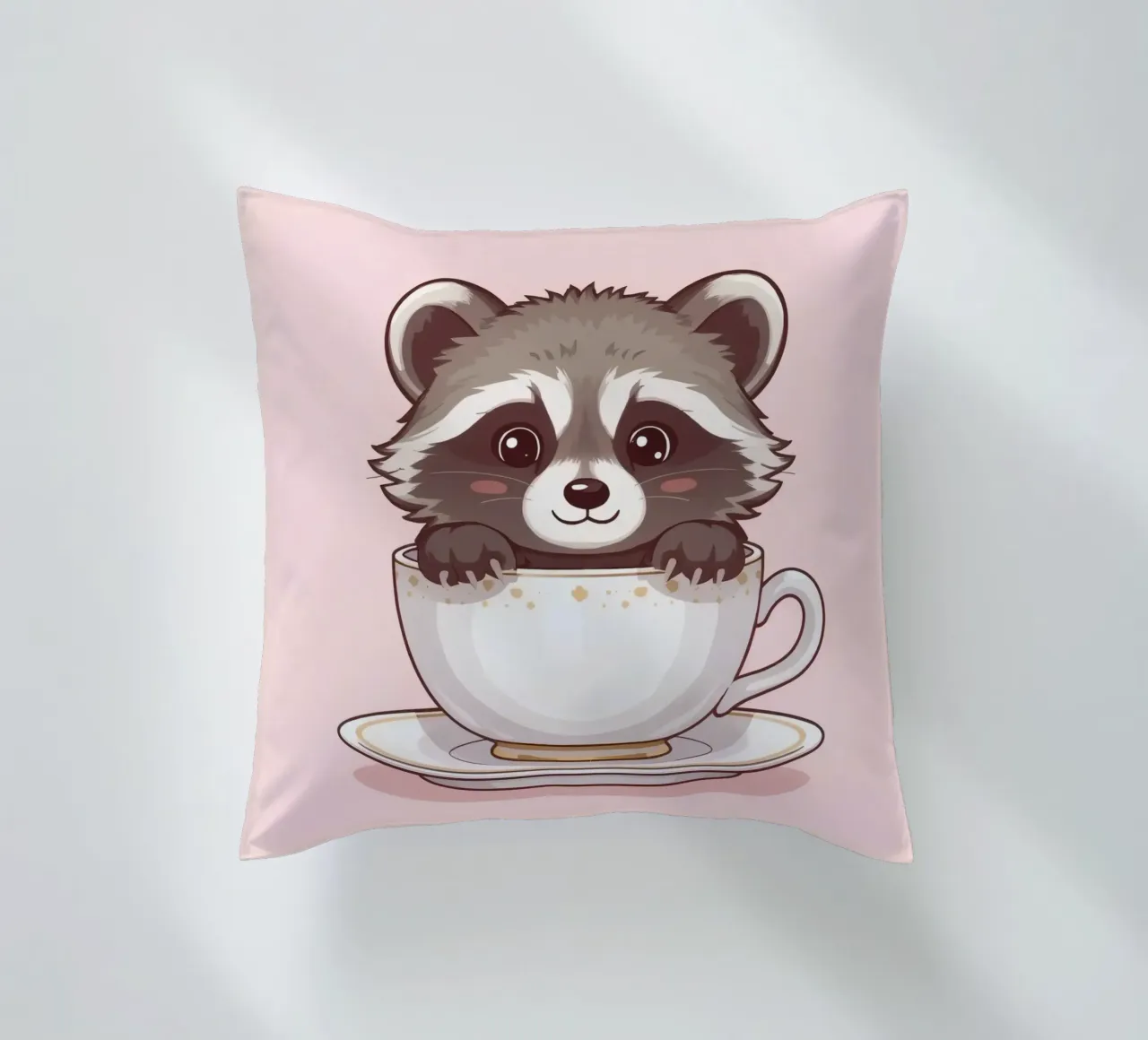 Simpatico procione seduto in una tazza da tè bianca con piattino cuscino da DesignDoodle