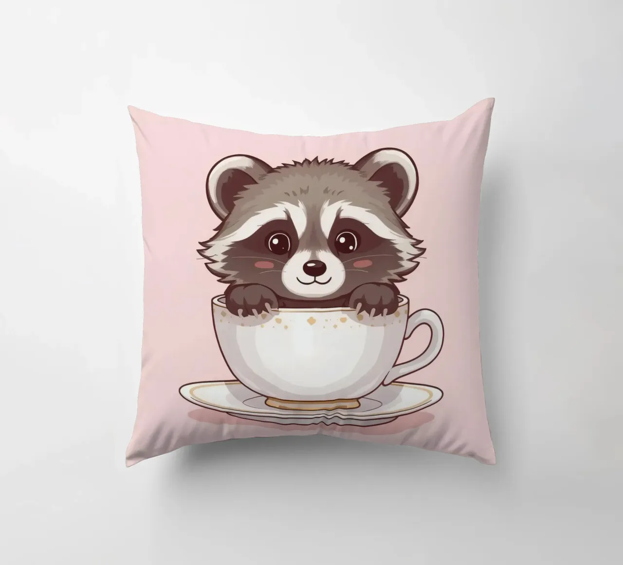 Simpatico procione seduto in una tazza da tè bianca con piattino cuscino da DesignDoodle