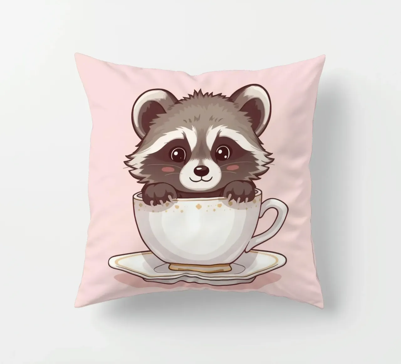Simpatico procione seduto in una tazza da tè bianca con piattino cuscino da DesignDoodle