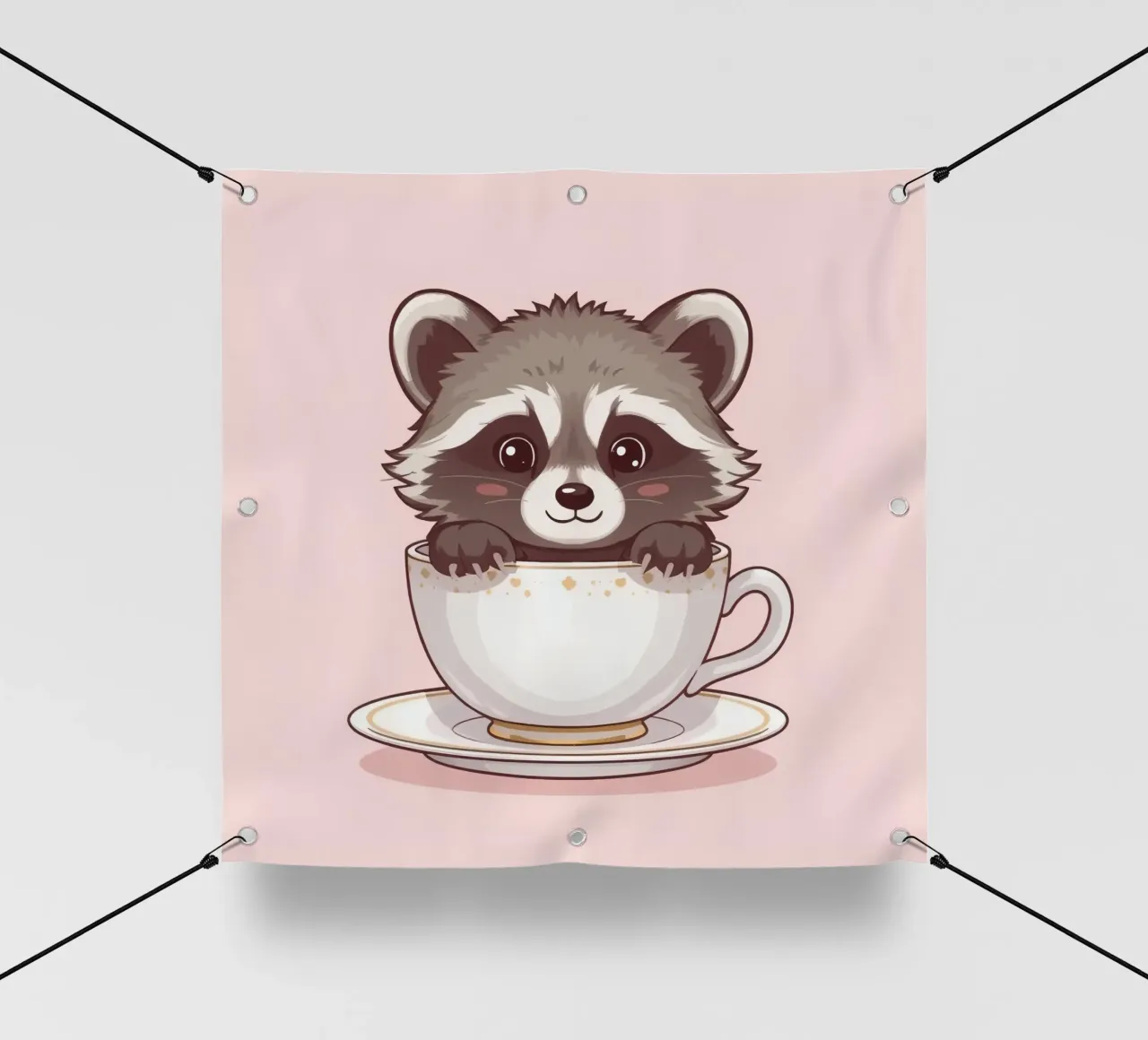 Simpatico procione seduto in una tazza da tè bianca con piattino telo in pvc da DesignDoodle