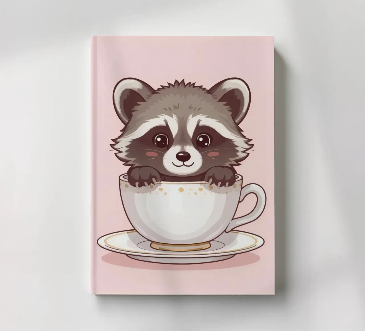 Mignon raton laveur assis dans une tasse à thé blanche avec soucoupe carnet de notes de DesignDoodle