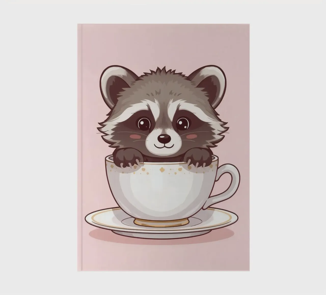Mignon raton laveur assis dans une tasse à thé blanche avec soucoupe carnet de notes de DesignDoodle