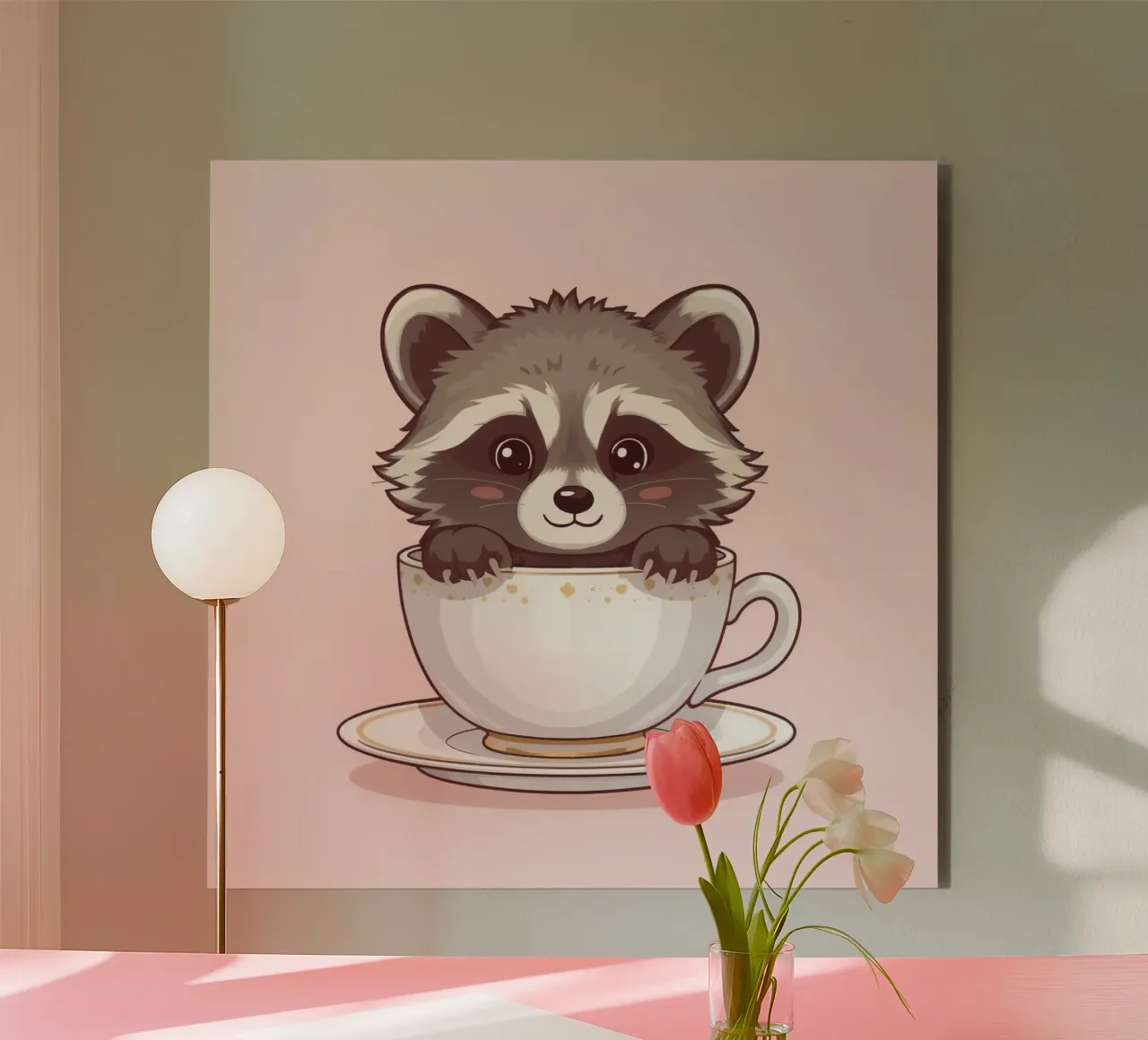 Simpatico procione seduto in una tazza da tè bianca con piattino alluminio dibond da DesignDoodle