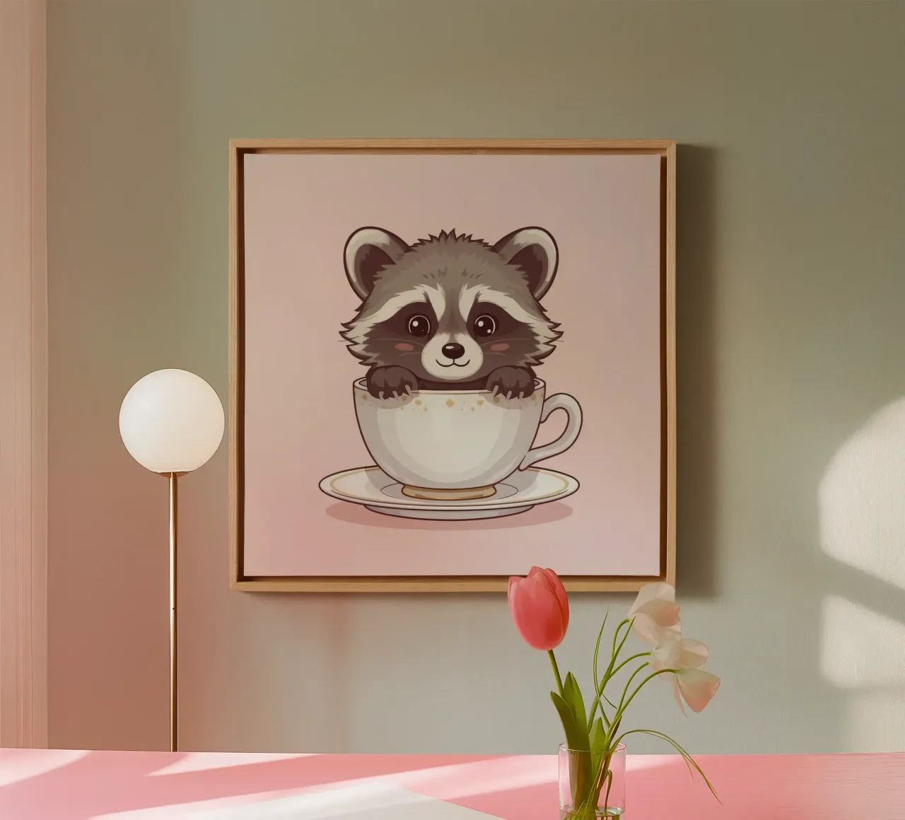 Simpatico procione seduto in una tazza da tè bianca con piattino tela con Cornice a cassetta da DesignDoodle