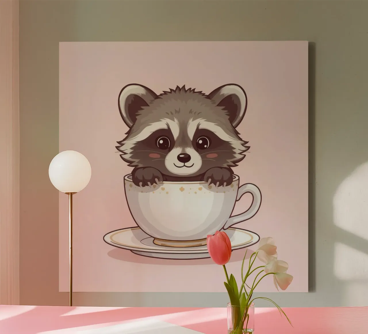 Simpatico procione seduto in una tazza da tè bianca con piattino tela con Cornice a cassetta da DesignDoodle