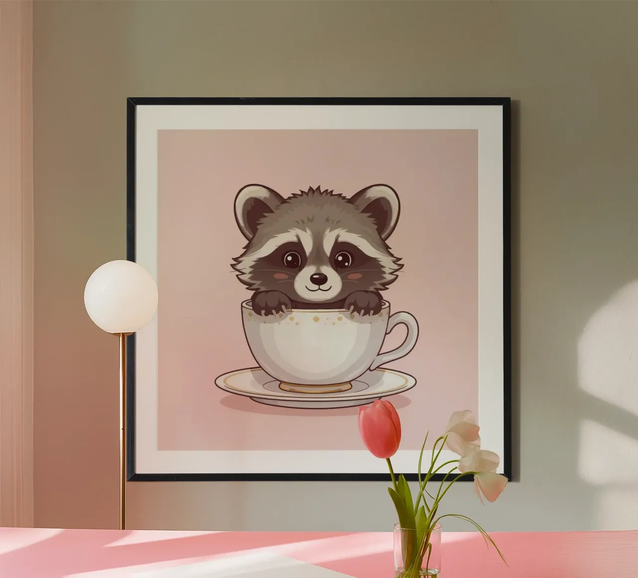 Simpatico procione seduto in una tazza da tè bianca con piattino carta hahnemühle da DesignDoodle