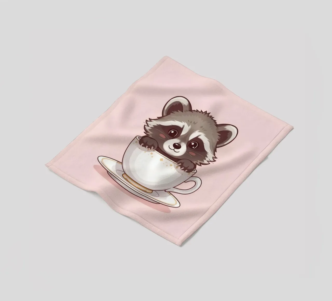 Simpatico procione seduto in una tazza da tè bianca con piattino coperta in pile da DesignDoodle