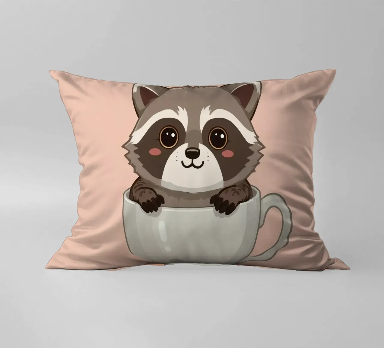 Procione dei cartoni animati seduto all'interno di una tazza da tè bianca con manico cuscino da DesignDoodle