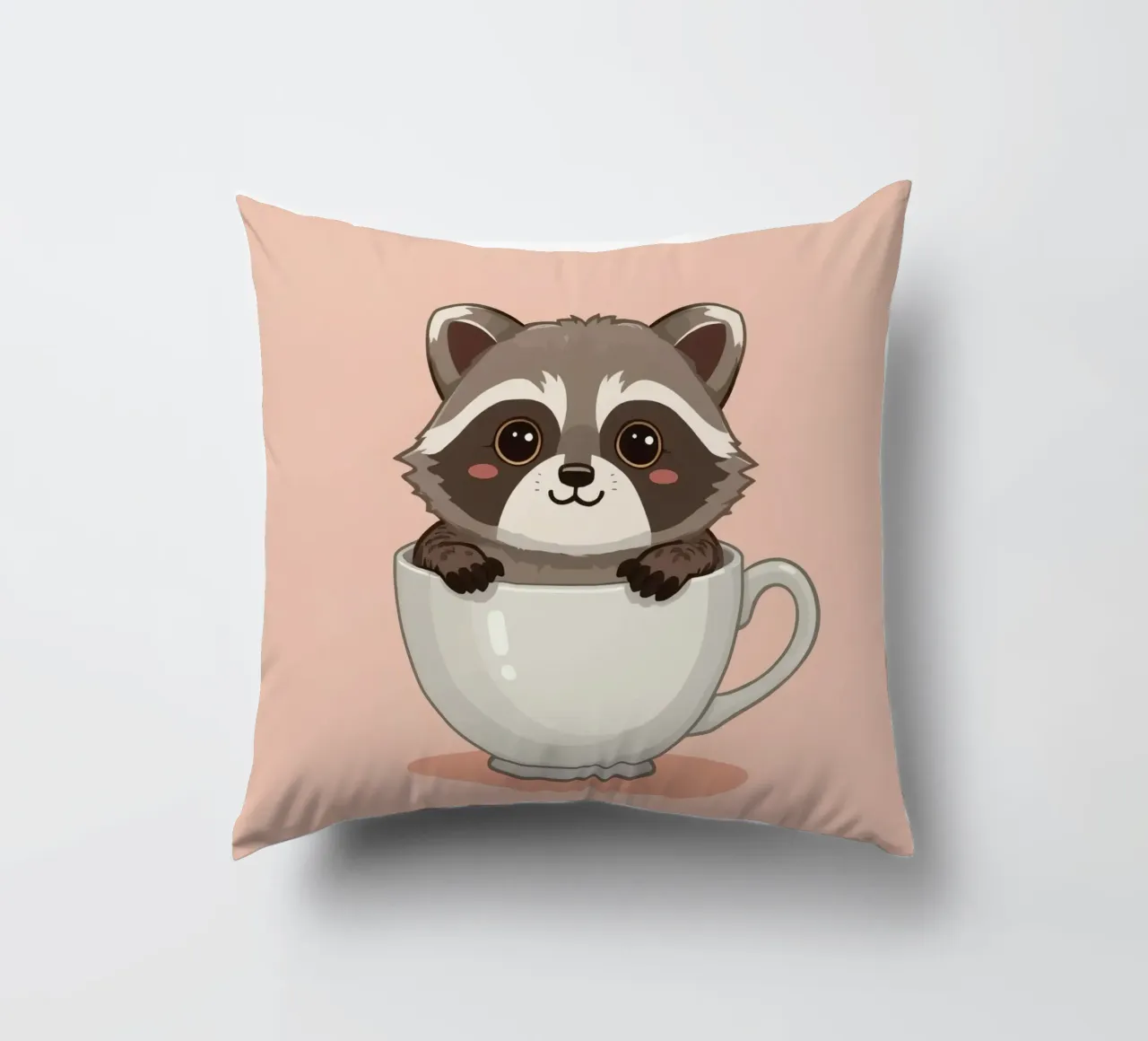 Procione dei cartoni animati seduto all'interno di una tazza da tè bianca con manico cuscino da DesignDoodle