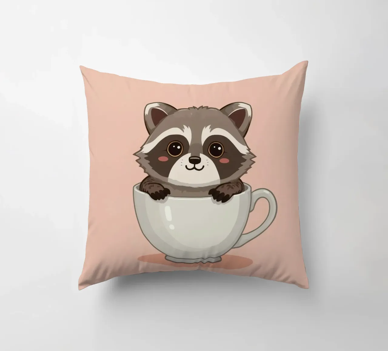 Procione dei cartoni animati seduto all'interno di una tazza da tè bianca con manico cuscino da DesignDoodle