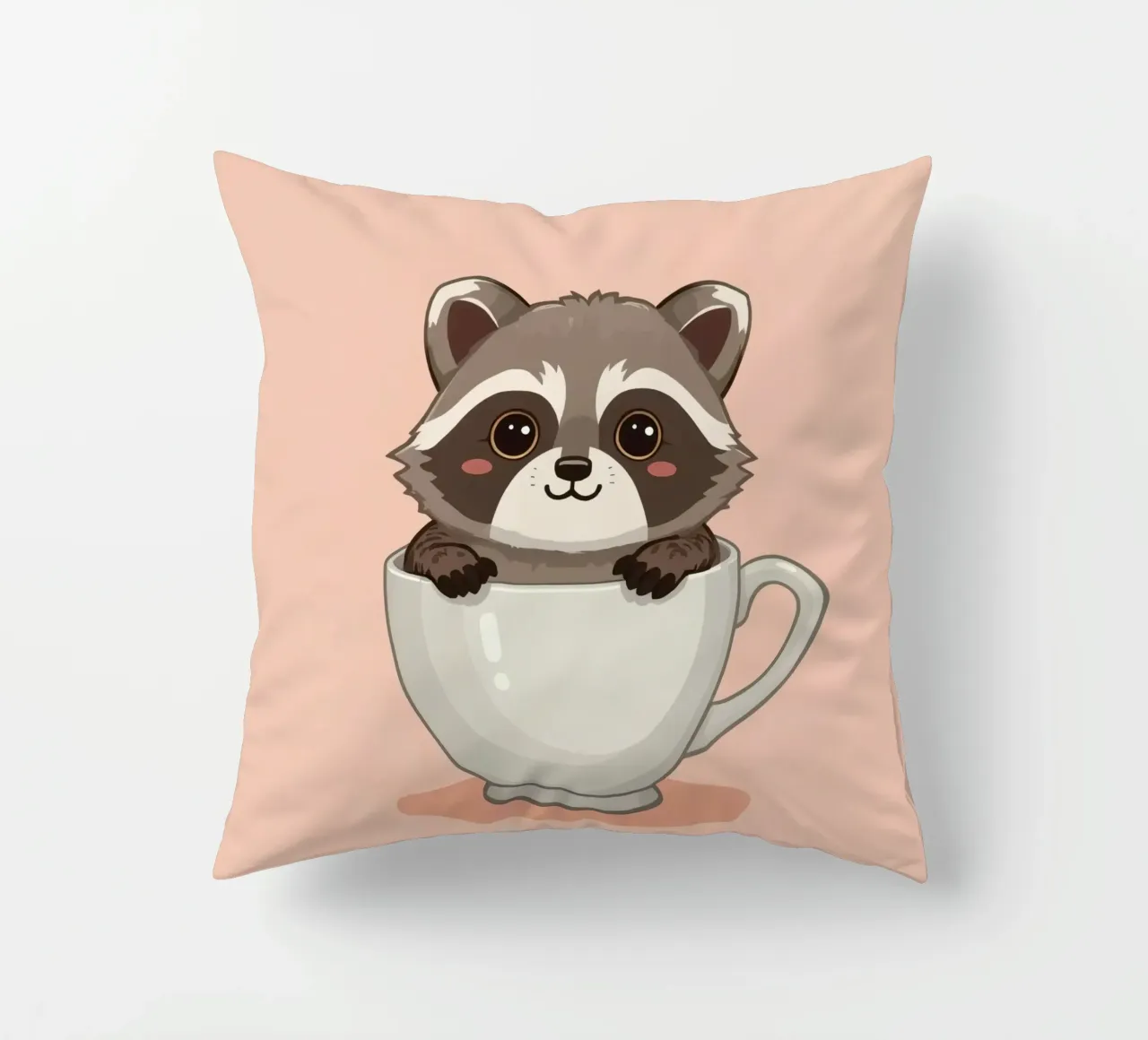Procione dei cartoni animati seduto all'interno di una tazza da tè bianca con manico cuscino da DesignDoodle