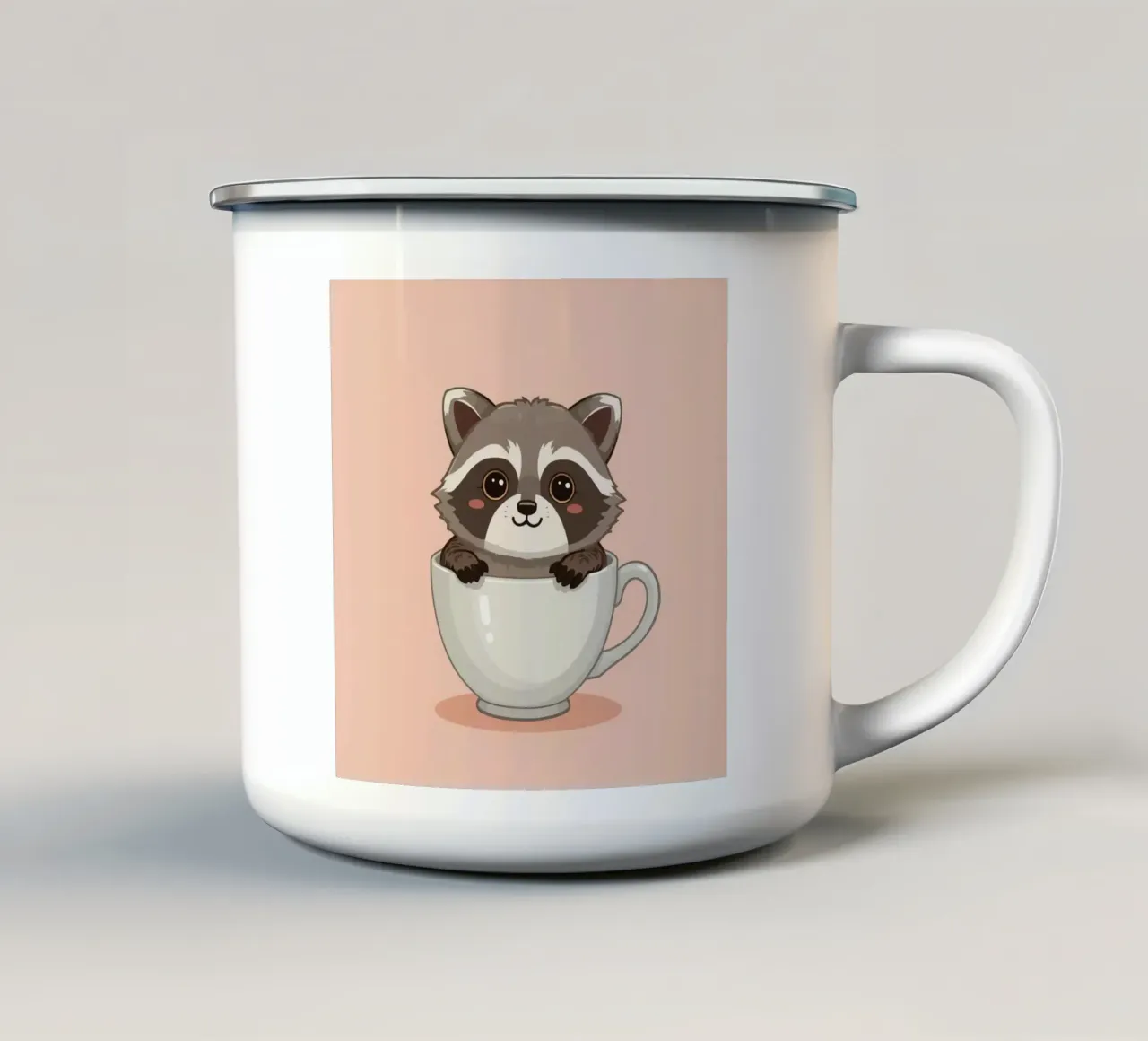 Procione dei cartoni animati seduto all'interno di una tazza da tè bianca con manico tazza in smalto da DesignDoodle