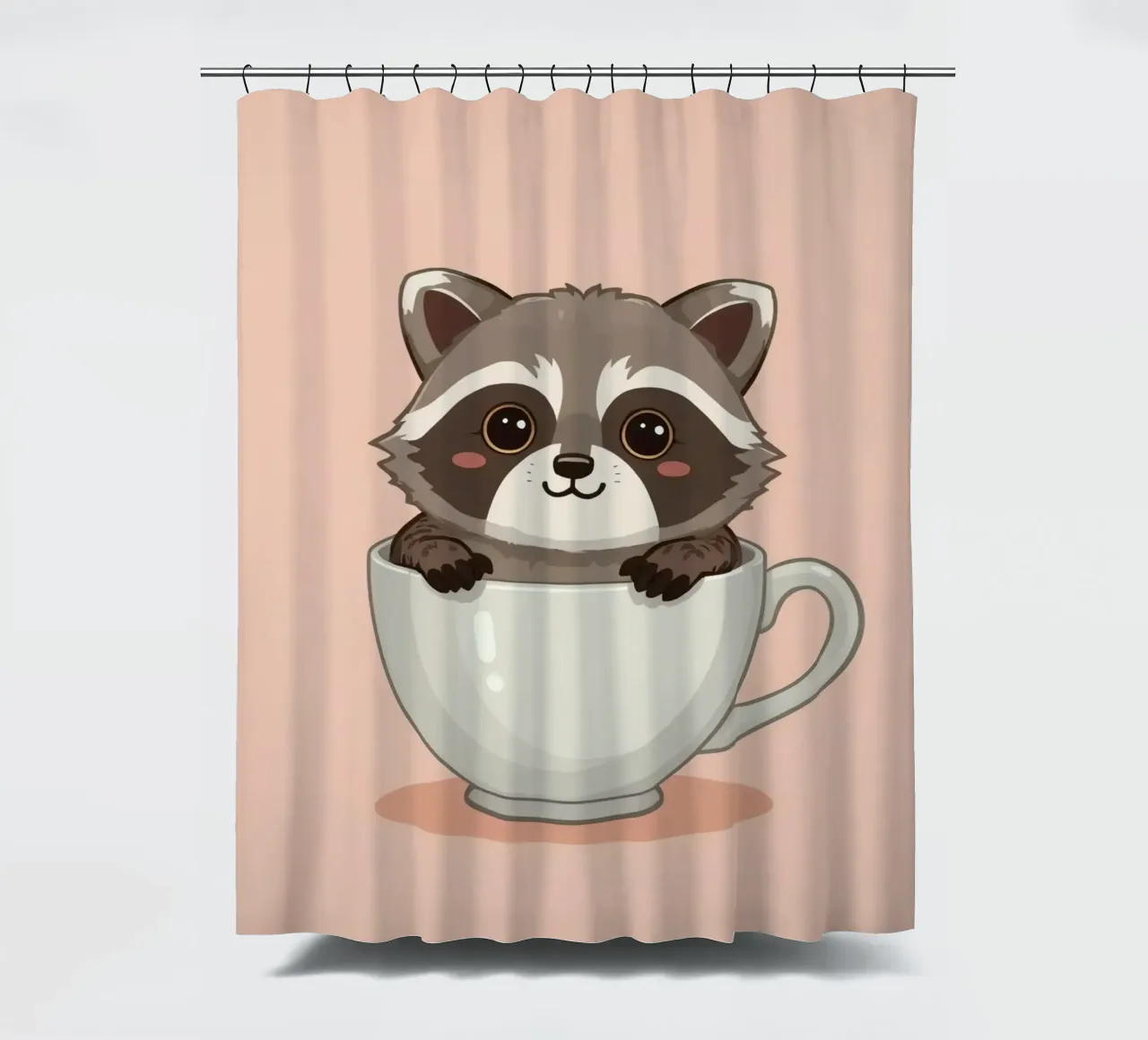 Procione dei cartoni animati seduto all'interno di una tazza da tè bianca con manico tenda da doccia da DesignDoodle