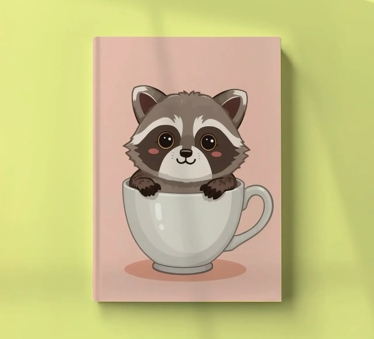 Cartoon raccoon sitting inside a white teacup with a handle notebook by DesignDoodle