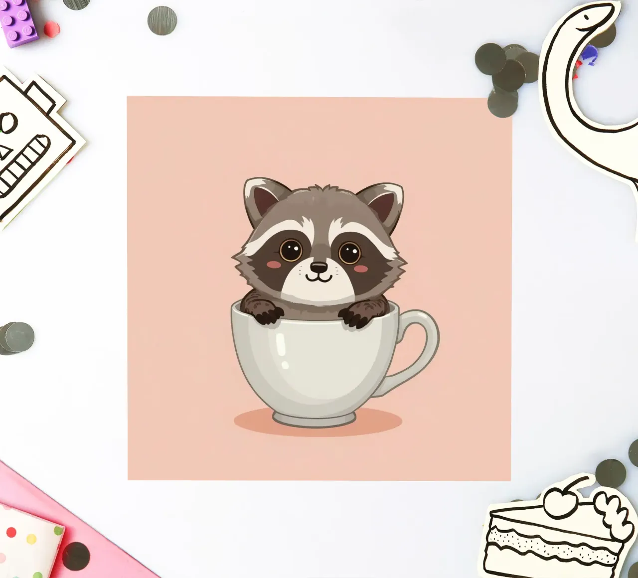 Cartoon raccoon sitting inside a white teacup with a handle sticker by DesignDoodle