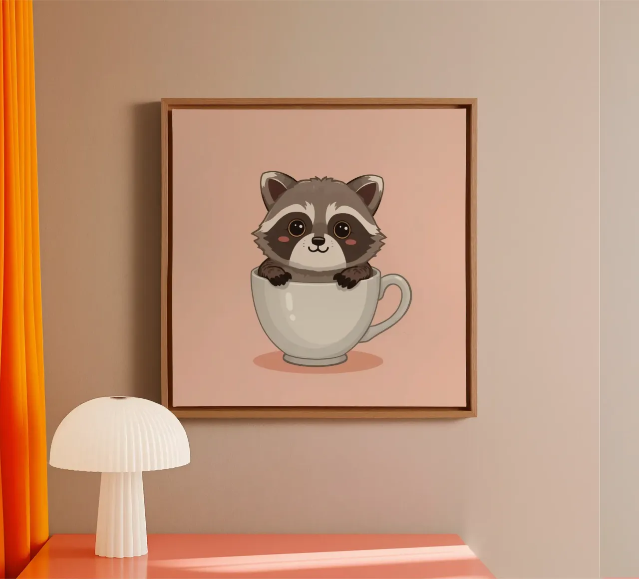 Procione dei cartoni animati seduto all'interno di una tazza da tè bianca con manico tela con Cornice a cassetta da DesignDoodle