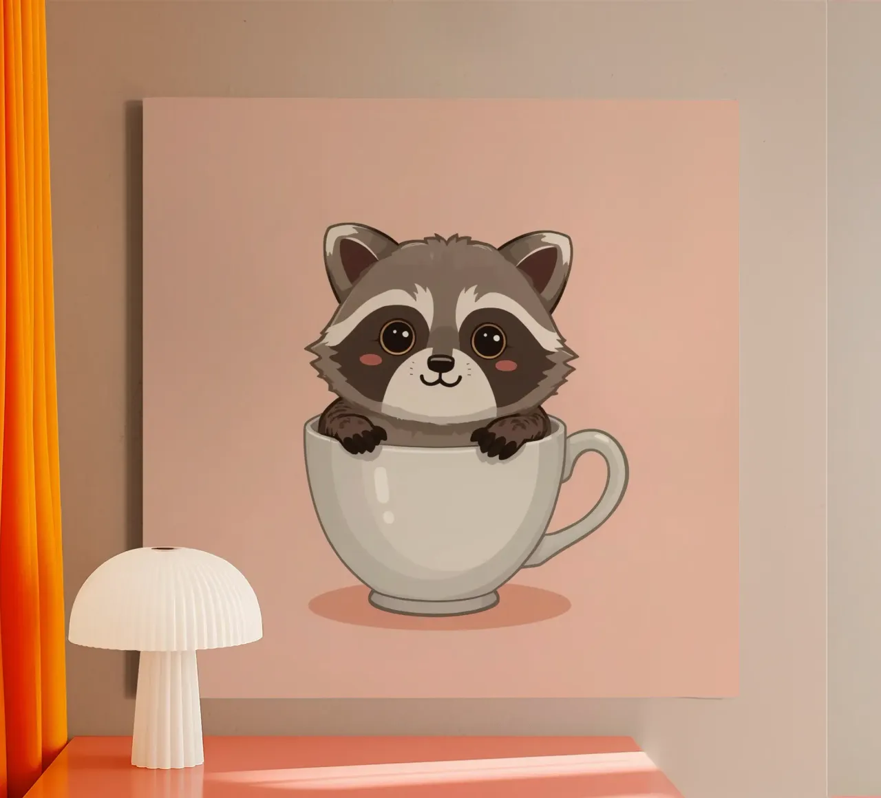 Procione dei cartoni animati seduto all'interno di una tazza da tè bianca con manico tela con Cornice a cassetta da DesignDoodle