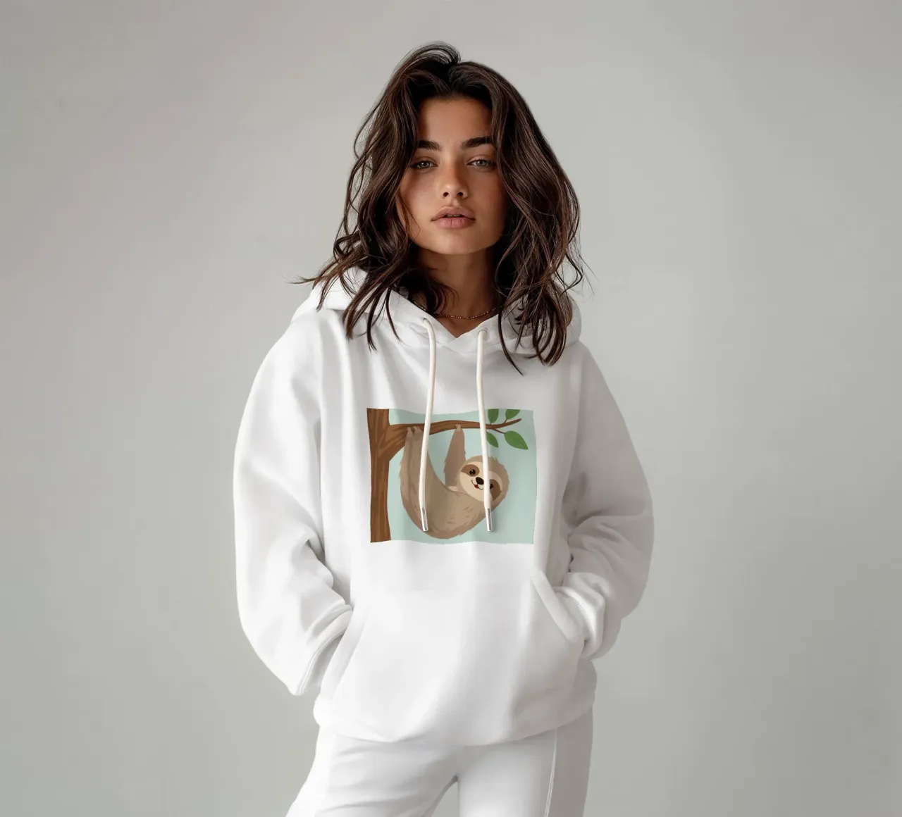 Un simpático perezoso de dibujos animados cuelga boca abajo de una rama marrón sudadera con capucha de DesignDoodle