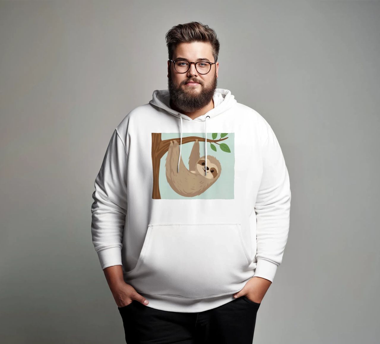 Simpatico bradipo dei cartoni animati appeso a testa in giù a un ramo marrone felpa con cappuccio da DesignDoodle