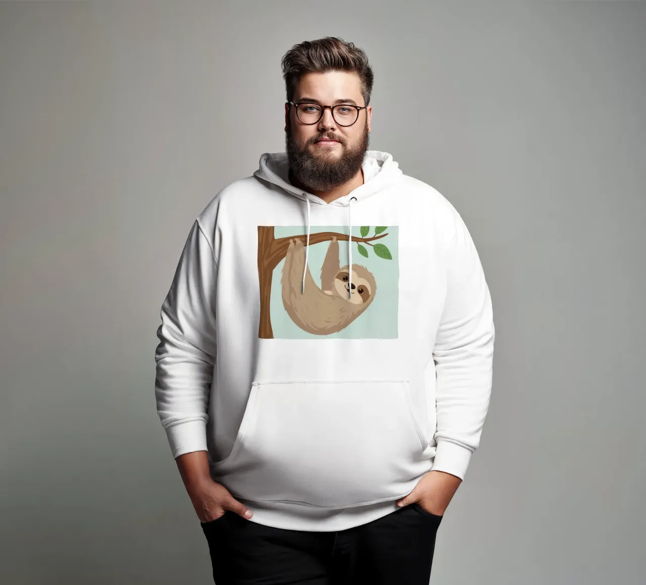 Un simpático perezoso de dibujos animados cuelga boca abajo de una rama marrón sudadera con capucha de DesignDoodle