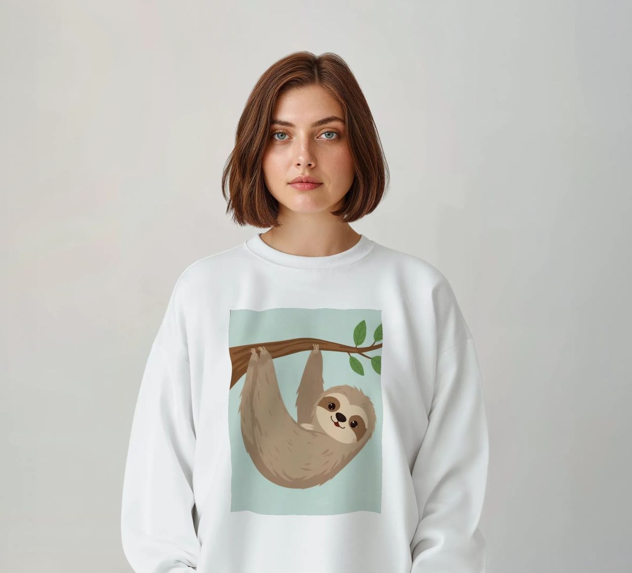 Simpatico bradipo dei cartoni animati appeso a testa in giù a un ramo marrone felpa da DesignDoodle