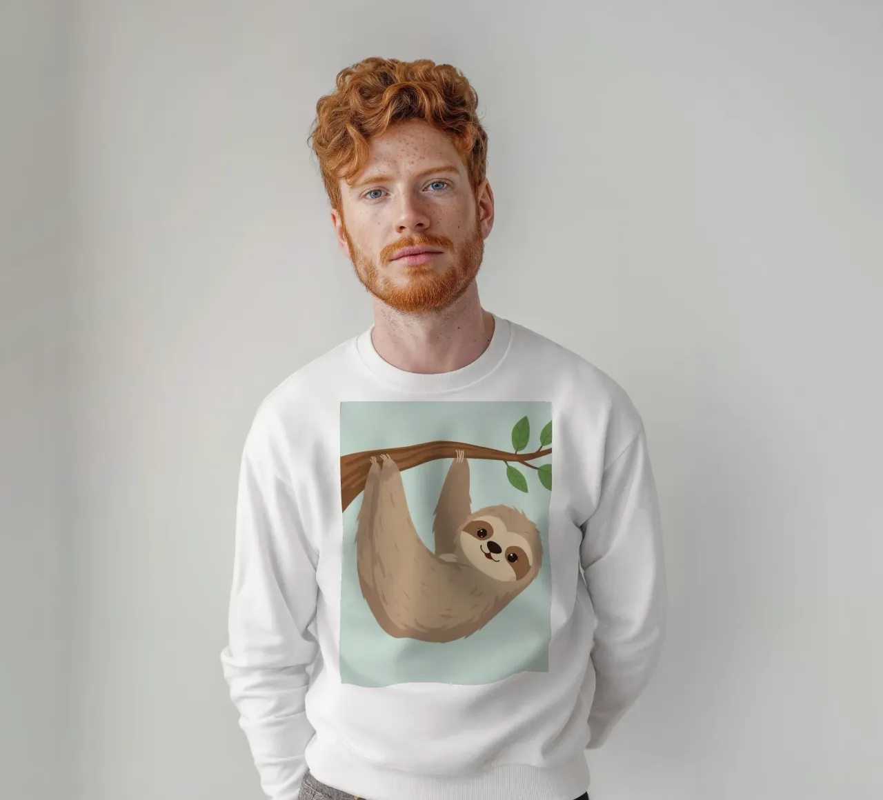 Un simpático perezoso de dibujos animados cuelga boca abajo de una rama marrón sudadera de DesignDoodle
